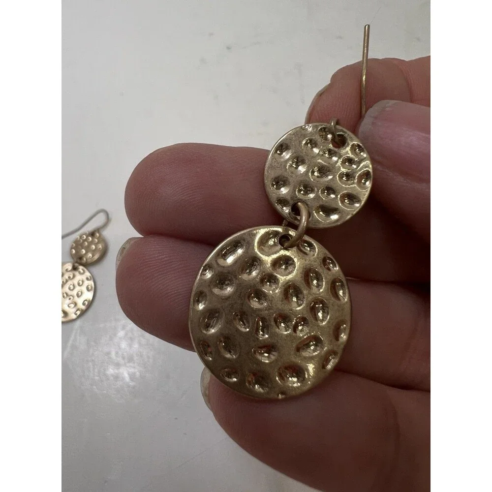 Goldtone Hammered Double Disk Dangle Drop Earrings Pierced Ears Women's Jewelry